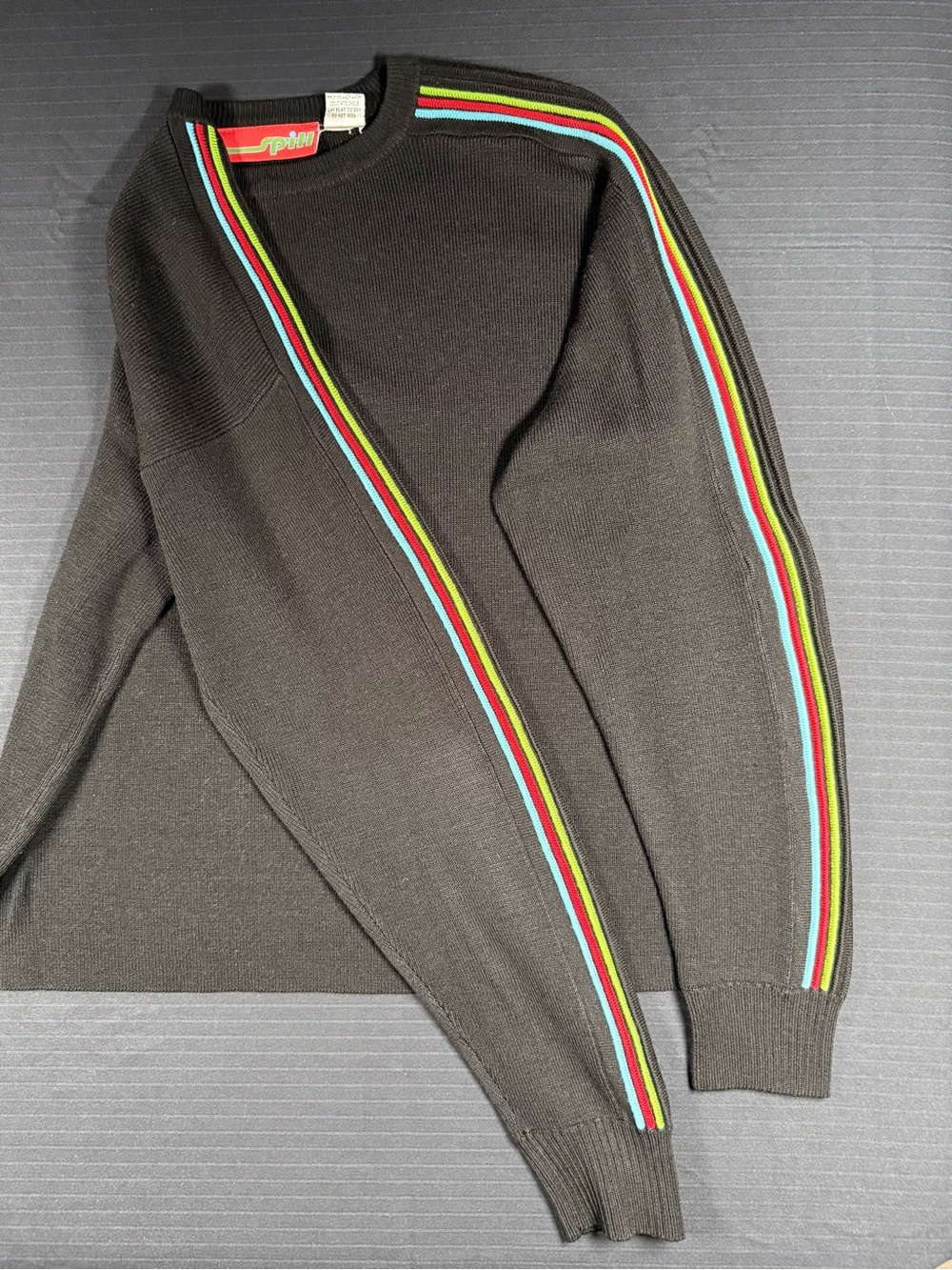 Vintage Spihl Sweater | Black Rib Knit w/ Rainbow Stripes | Size Small